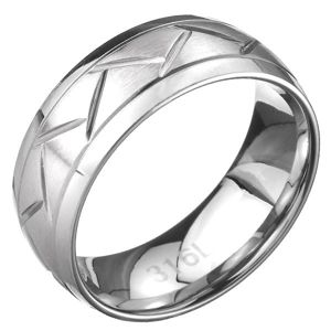 Ocelový prsten - dvě linie a cik-cak vzor, stříbrný povrch - Velikost: 67