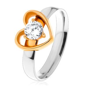 Ocelový prsten - dvoubarevné provedení, tenká kontura srdce, kulatý čirý zirkon - Velikost: 52