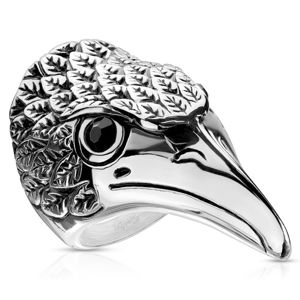 Ocelový prsten, hlava orla - černé zirkony, rýhované patinované peří stříbrné barvy - Velikost: 67