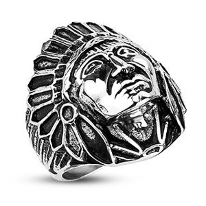 Ocelový prsten - indián Apač, černá patina - Velikost: 68