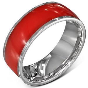 Ocelový prsten - lesklá červená obroučka, stříbrné okraje, 8 mm - Velikost: 54