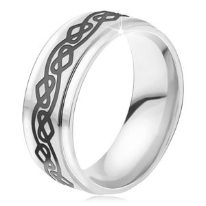 Ocelový prsten - lesklá stříbrná obroučka, zvlněná linie, srdce - Velikost: 62