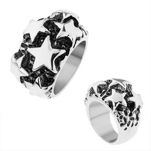Ocelový prsten, lesklé vypouklé hvězdy ve stříbrném odstínu, černá patina - Velikost: 56