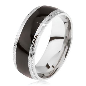 Ocelový prsten, lesklý černý středový pás, rýhované okraje - Velikost: 65
