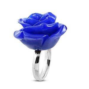 Ocelový prsten - lesklý kroužek a pryskyřicová růže v tmavě modrém odstínu - Velikost: 51