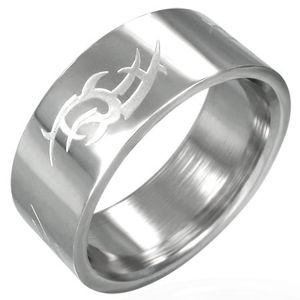 Ocelový prsten lesklý, matný Tribal symbol - Velikost: 53