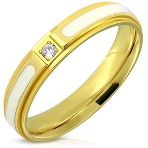 Ocelový prsten - lesklý povrch zlaté barvy, bílá glazura a zirkon, 4 mm - Velikost: 52