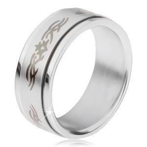 Ocelový prsten, matná točící se obruč s ornamentem - Velikost: 69