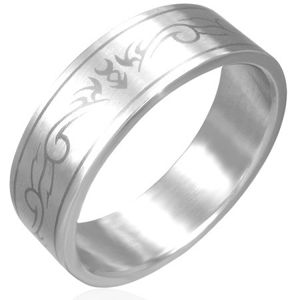 Ocelový prsten - matný povrch, kmenový motiv - Velikost: 56