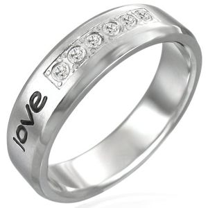 Ocelový prsten - nápis "love", šest zirkonů - Velikost: 63