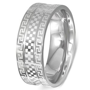 Ocelový prsten - obroučka s řeckým klíčem a šachovnicí - Velikost: 54