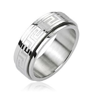 Ocelový prsten - otáčivý střed, řecký klíč, stříbrná barva - Velikost: 67