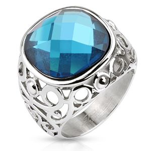 Ocelový prsten, ramena zdobená filigránem, modrý broušený kámen - Velikost: 62