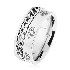 Ocelový prsten, řetízek, stříbrná barva, matný povrch, ornamenty - Velikost: 57
