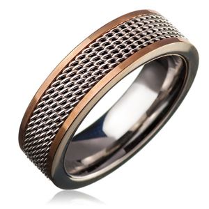 Ocelový prsten - řetízkový středový pás, zlatý lem - Velikost: 57