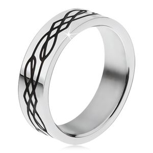 Ocelový prsten, rovný povrch, černá zvlněná linie a kosočtverce - Velikost: 51