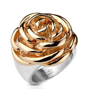 Ocelový prsten - rozkvetlý květ růže měděné barvy - Velikost: 54