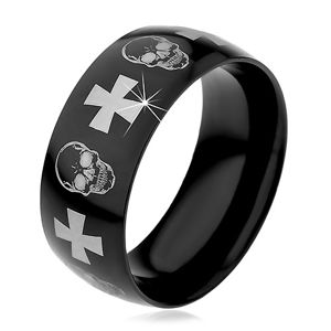 Ocelový prsten s černým povrchem, lebky a kříže stříbrné barvy, 9 mm - Velikost: 64