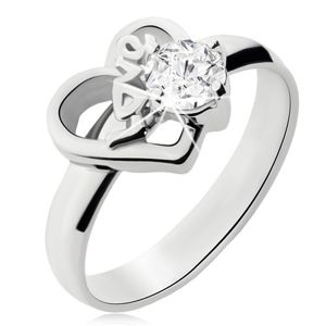 Ocelový prsten s čirým kamínkem, obrys nesouměrného srdce, Love - Velikost: 55