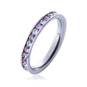 Ocelový prsten s kamínky růžové a čiré barvy - Velikost: 58