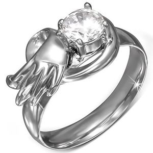 Ocelový prsten s kulatým čirým zirkonem, andělské křídlo - Velikost: 58