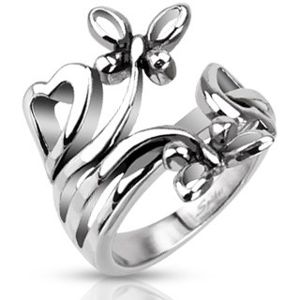 Ocelový prsten s motivy srdcí a motýlů - Velikost: 49