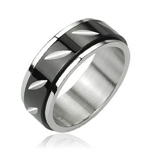 Ocelový prsten s otáčivým černým středem - zářezy - Velikost: 61
