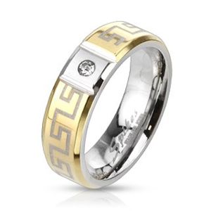 Ocelový prsten s řeckým vzorem - se zirkonem - Velikost: 51