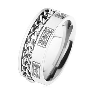 Ocelový prsten s řetízkem, stříbrná barva, ornamenty - Velikost: 62