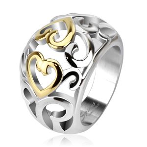 Ocelový prsten s vyřezávaným ornamentem, zlato-stříbrný - Velikost: 51