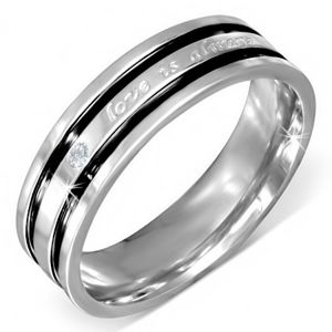Ocelový prsten s vyznáním lásky, čirý zirkon, černé rýhy - Velikost: 59