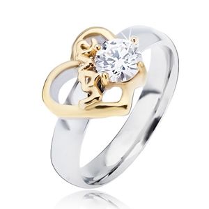 Ocelový prsten se zlatým obrysem srdce a čirým zirkonem, Love - Velikost: 49
