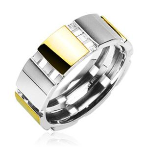Ocelový prsten se zlatými částmi - Velikost: 67
