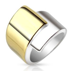 Ocelový prsten, široká překrývající se ramena zlaté a stříbrné barvy - Velikost: 54