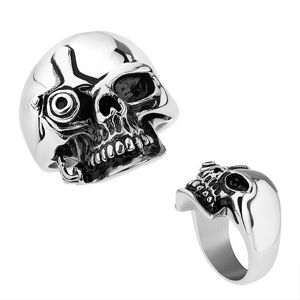 Ocelový prsten, stříbrná barva, lesklá patinovaná lebka ve stylu Terminátora - Velikost: 71