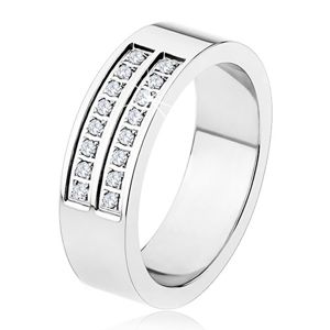 Ocelový prsten - stříbrná barva, lesklý, dvojitá linie čirých zirkonů - Velikost: 66