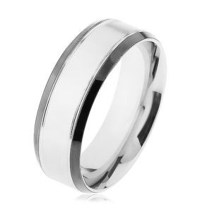 Ocelový prsten, stříbrná barva, lesklý lem černé barvy - Velikost: 62