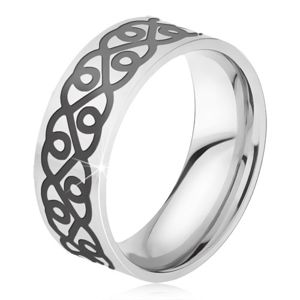 Ocelový prsten - stříbrná obroučka, tlustý černý ornament, srdce - Velikost: 70