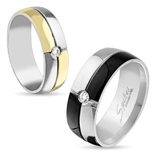 Ocelový prsten stříbrné a černé barvy, zirkon uprostřed, 8 mm - Velikost: 70