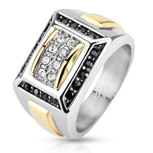Ocelový prsten stříbrné a zlaté barvy, černé a čiré zirkony, obdélníky - Velikost: 64