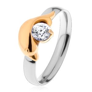 Ocelový prsten stříbrné a zlaté barvy, delfín a třpytivý čirý zirkon - Velikost: 60