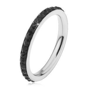 Ocelový prsten stříbrné barvy, blýskavé černé zirkonky - Velikost: 60