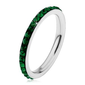Ocelový prsten stříbrné barvy, blýskavé tmavě zelené zirkonky - Velikost: 55