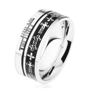 Ocelový prsten stříbrné barvy, černé proužky, keltské symboly - Velikost: 57