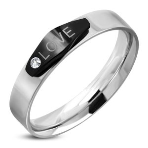 Ocelový prsten stříbrné barvy, černý ovál s nápisem LOVE a zirkonem - Velikost: 52
