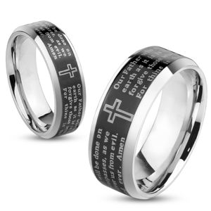 Ocelový prsten stříbrné barvy, černý pásek - modlitba Otčenáš, 8 mm - Velikost: 59