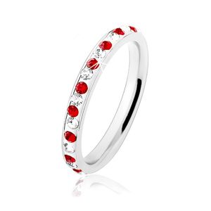 Ocelový prsten stříbrné barvy, čiré a červené zirkonky, bílá glazura - Velikost: 52