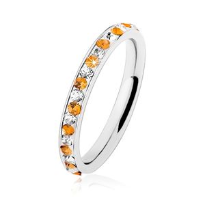 Ocelový prsten stříbrné barvy, čiré a oranžové zirkonky, bílá glazura - Velikost: 59