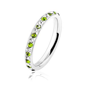 Ocelový prsten stříbrné barvy, čiré a světle zelené zirkonky - Velikost: 57