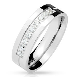 Ocelový prsten stříbrné barvy, devět čirých zirkonů v zářezu, lesklý povrch, 6 mm - Velikost: 49